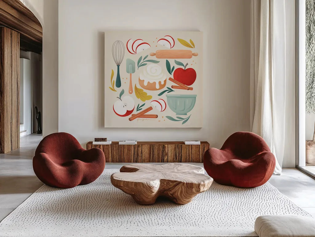 Autumn Baking by Gia Graham. Shown as extra-large giant wall art in a modern living room. Available as an archival giclee rolled canvas, fine art paper, or poster print. SKU 87442a.