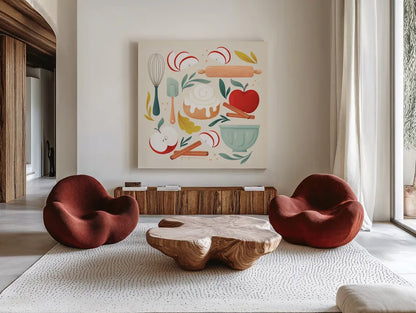 Autumn Baking by Gia Graham. Shown as extra-large giant wall art in a modern living room. Available as an archival giclee rolled canvas, fine art paper, or poster print. SKU 87442a.