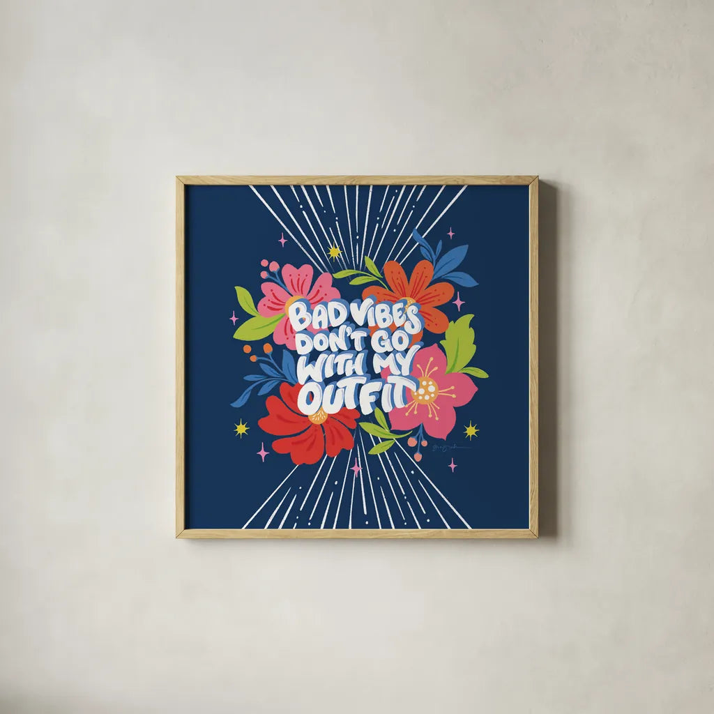 Bad Vibes I Bright Sq by Gia Graham. Shown in a natural wood glass frame for a timeless modern aesthetic. Available as an archival giclee rolled canvas, fine art paper, or poster print. SKU 79548a.