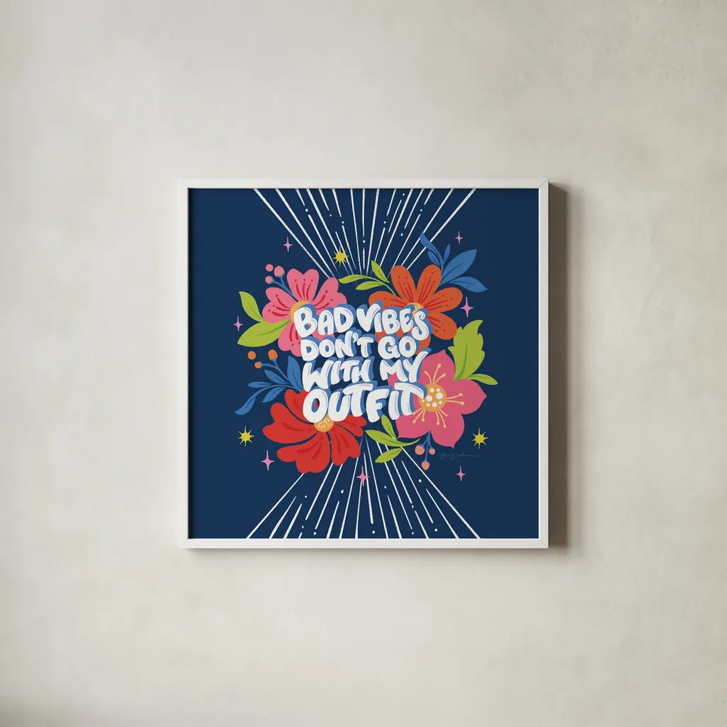 Bad Vibes I Bright Sq by Gia Graham. Shown in a crisp white glass frame for a clean and minimalist style. Available as an archival giclee rolled canvas, fine art paper, or poster print. SKU 79548a.