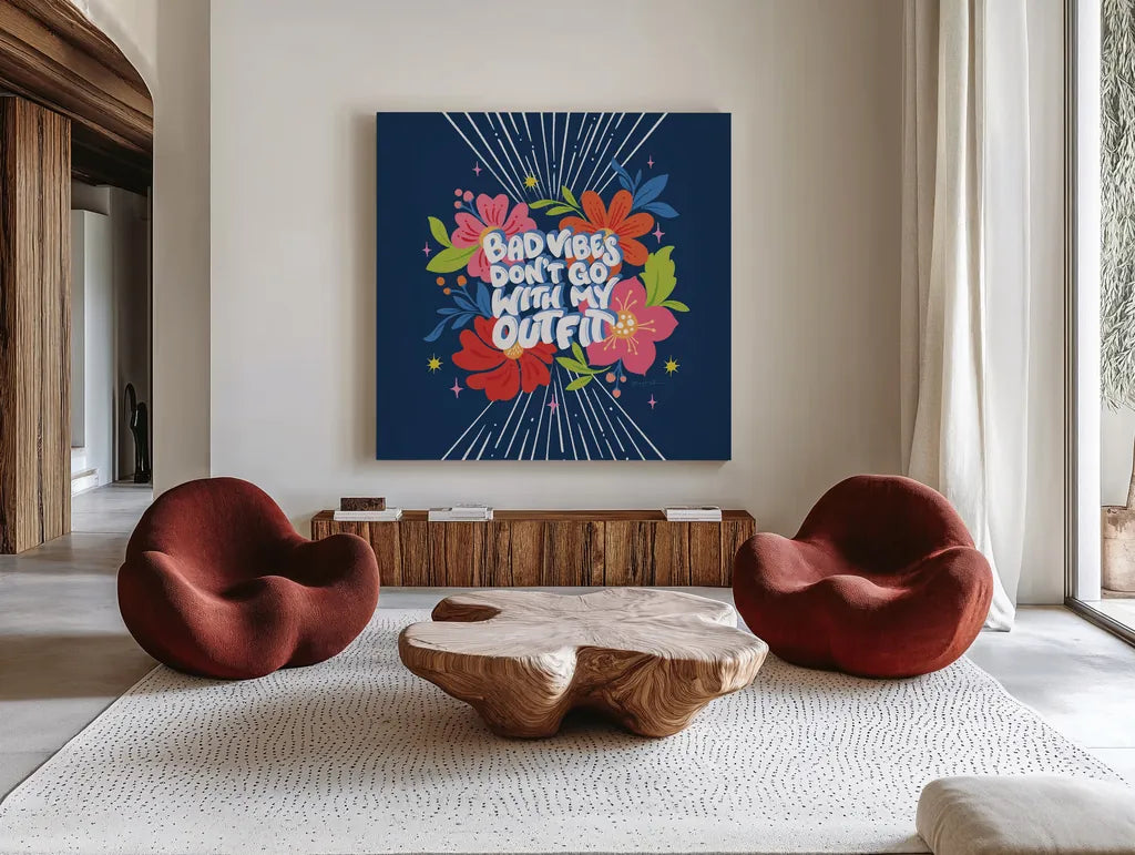 Bad Vibes I Bright Sq by Gia Graham. Shown as extra-large giant wall art in a modern living room. Available as an archival giclee rolled canvas, fine art paper, or poster print. SKU 79548a.