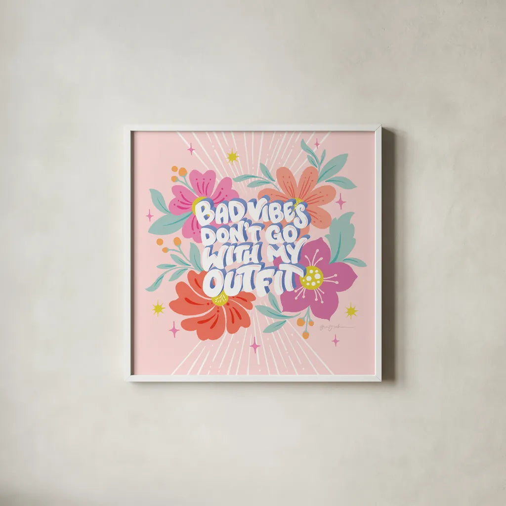 Bad Vibes I Sq by Gia Graham. Shown in a crisp white glass frame for a clean and minimalist style. Available as an archival giclee rolled canvas, fine art paper, or poster print. SKU 75077a.