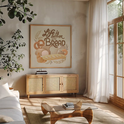 Bake Shop I Warm by Gia Graham. Shown in a natural wood frame in a cozy modern living room. Available as an archival giclee rolled canvas, fine art paper, or poster print. SKU 96747a.