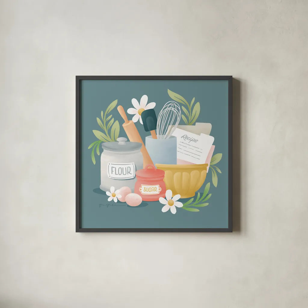 Bake Shop II by Gia Graham. Shown in a sleek black glass frame for a contemporary gallery look. Available as an archival giclee rolled canvas, fine art paper, or poster print. SKU 96416a.