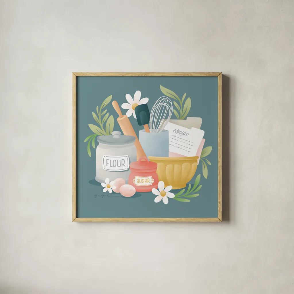 Bake Shop II by Gia Graham. Shown in a natural wood glass frame for a timeless modern aesthetic. Available as an archival giclee rolled canvas, fine art paper, or poster print. SKU 96416a.