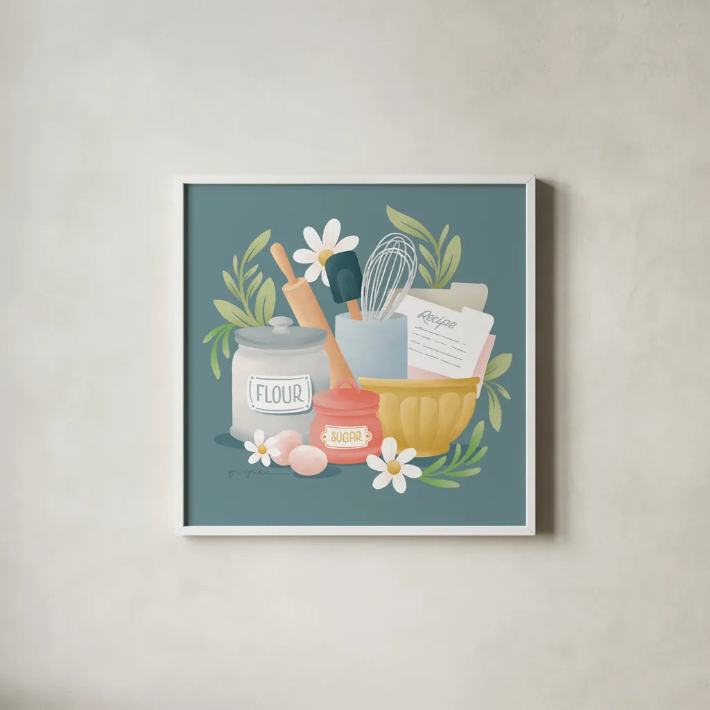 Bake Shop II by Gia Graham. Shown in a crisp white glass frame for a clean and minimalist style. Available as an archival giclee rolled canvas, fine art paper, or poster print. SKU 96416a.