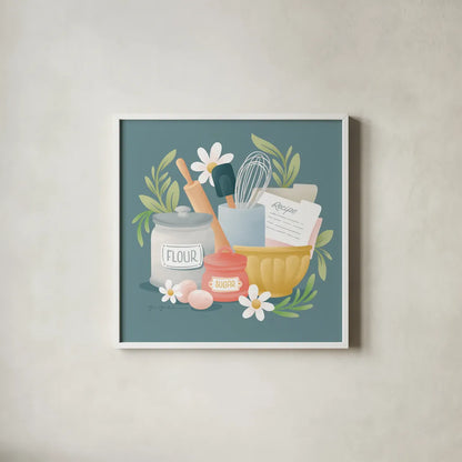 Bake Shop II by Gia Graham. Shown in a crisp white glass frame for a clean and minimalist style. Available as an archival giclee rolled canvas, fine art paper, or poster print. SKU 96416a.