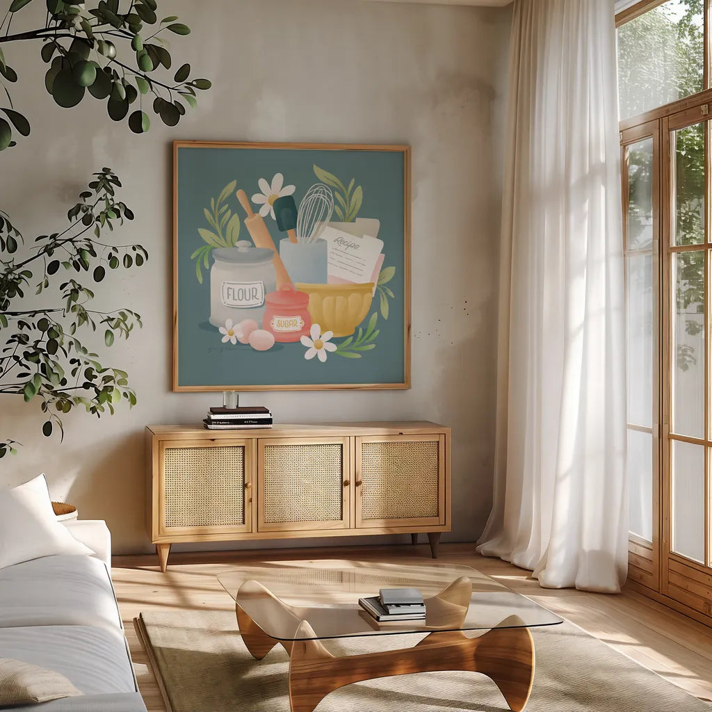 Bake Shop II by Gia Graham. Shown in a natural wood frame in a cozy modern living room. Available as an archival giclee rolled canvas, fine art paper, or poster print. SKU 96416a.