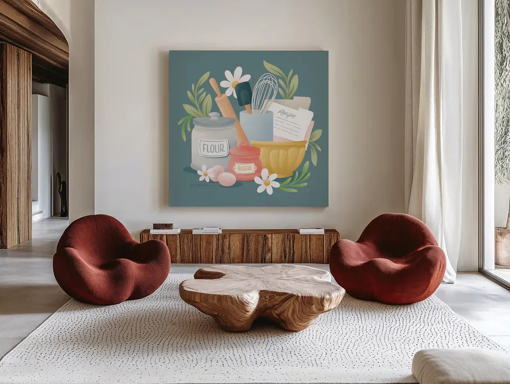 Bake Shop II by Gia Graham. Shown as extra-large giant wall art in a modern living room. Available as an archival giclee rolled canvas, fine art paper, or poster print. SKU 96416a.