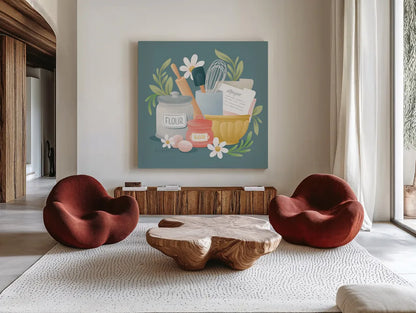 Bake Shop II by Gia Graham. Shown as extra-large giant wall art in a modern living room. Available as an archival giclee rolled canvas, fine art paper, or poster print. SKU 96416a.