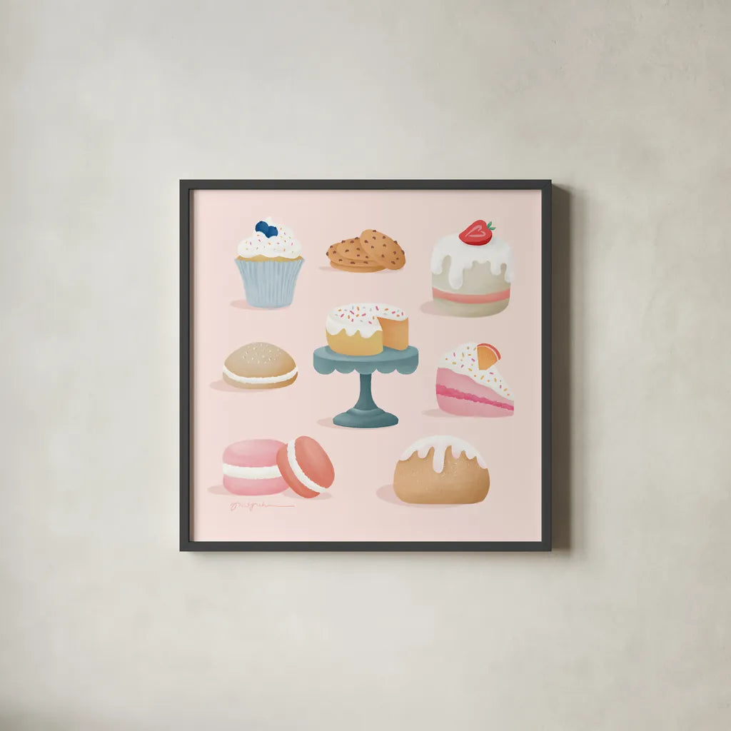 Bake Shop III by Gia Graham. Shown in a sleek black glass frame for a contemporary gallery look. Available as an archival giclee rolled canvas, fine art paper, or poster print. SKU 96417a.