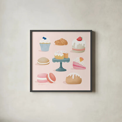 Bake Shop III by Gia Graham. Shown in a sleek black glass frame for a contemporary gallery look. Available as an archival giclee rolled canvas, fine art paper, or poster print. SKU 96417a.