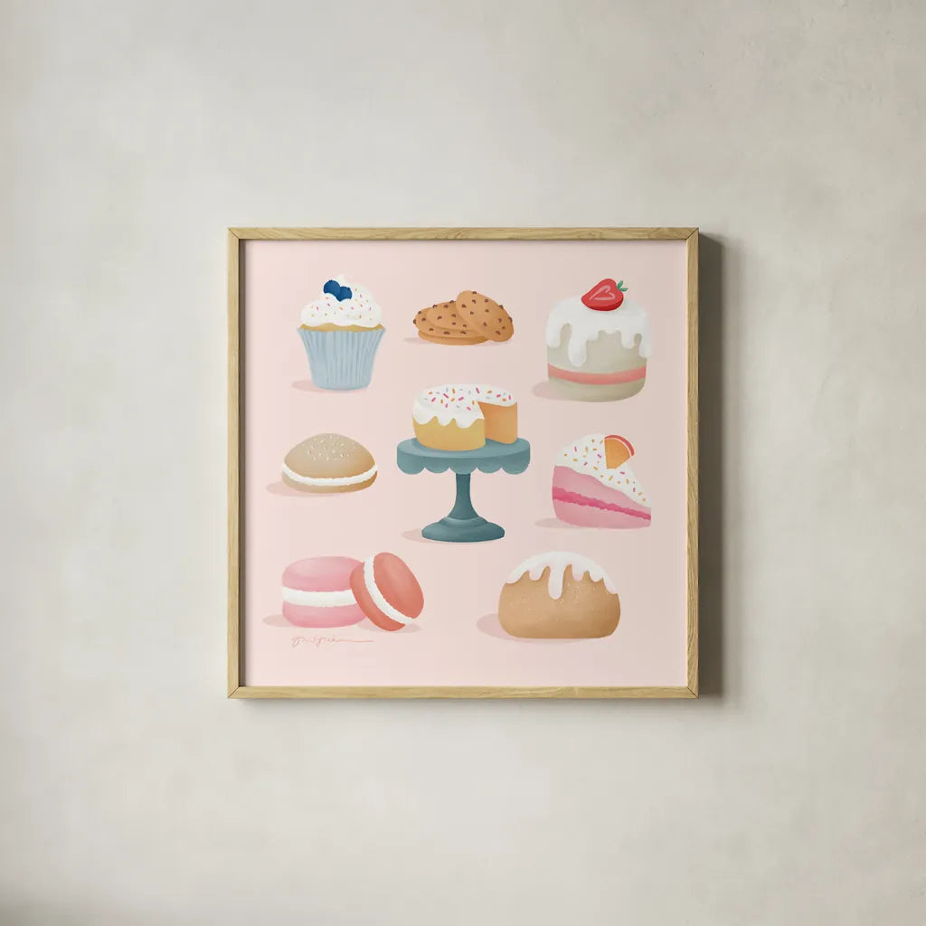 Bake Shop III by Gia Graham. Shown in a natural wood glass frame for a timeless modern aesthetic. Available as an archival giclee rolled canvas, fine art paper, or poster print. SKU 96417a.