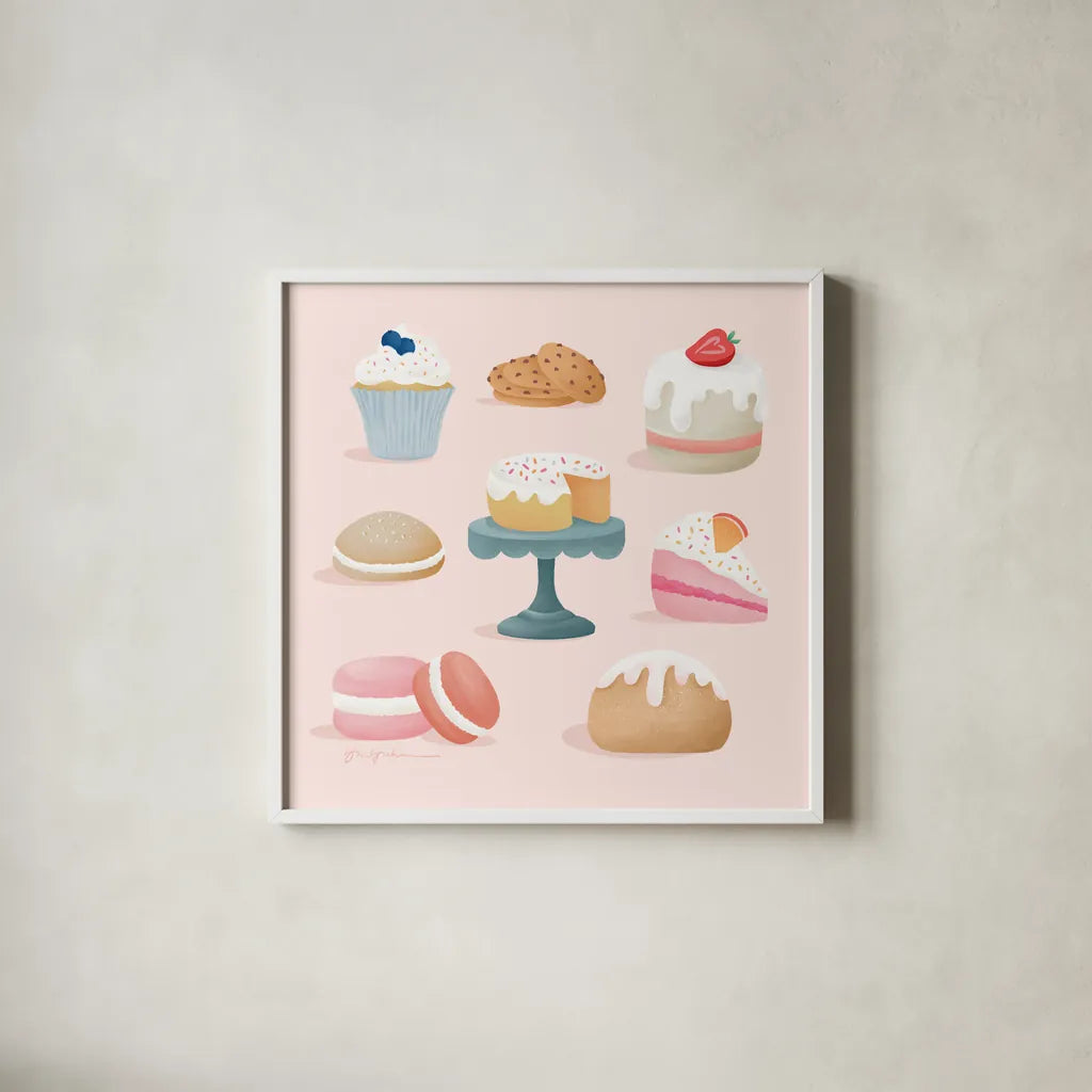 Bake Shop III by Gia Graham. Shown in a crisp white glass frame for a clean and minimalist style. Available as an archival giclee rolled canvas, fine art paper, or poster print. SKU 96417a.