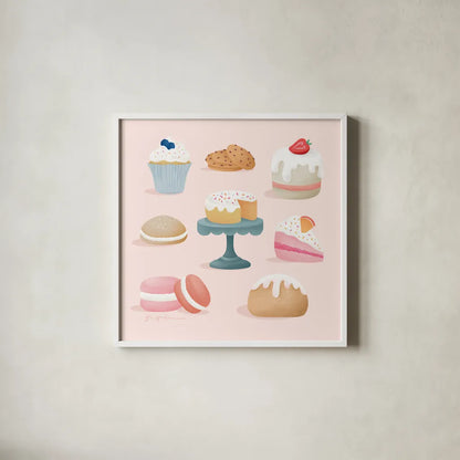 Bake Shop III by Gia Graham. Shown in a crisp white glass frame for a clean and minimalist style. Available as an archival giclee rolled canvas, fine art paper, or poster print. SKU 96417a.