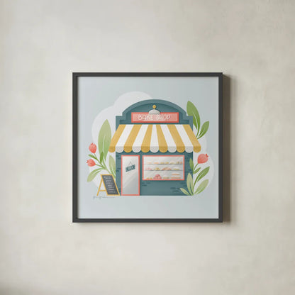 Bake Shop IV by Gia Graham. Shown in a sleek black glass frame for a contemporary gallery look. Available as an archival giclee rolled canvas, fine art paper, or poster print. SKU 96418a.