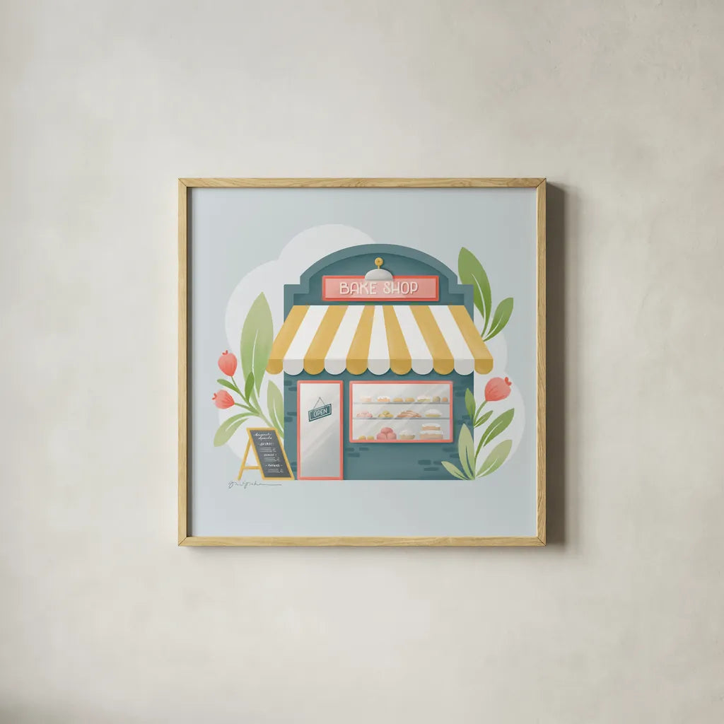 Bake Shop IV by Gia Graham. Shown in a natural wood glass frame for a timeless modern aesthetic. Available as an archival giclee rolled canvas, fine art paper, or poster print. SKU 96418a.