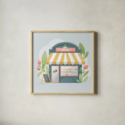 Bake Shop IV by Gia Graham. Shown in a natural wood glass frame for a timeless modern aesthetic. Available as an archival giclee rolled canvas, fine art paper, or poster print. SKU 96418a.
