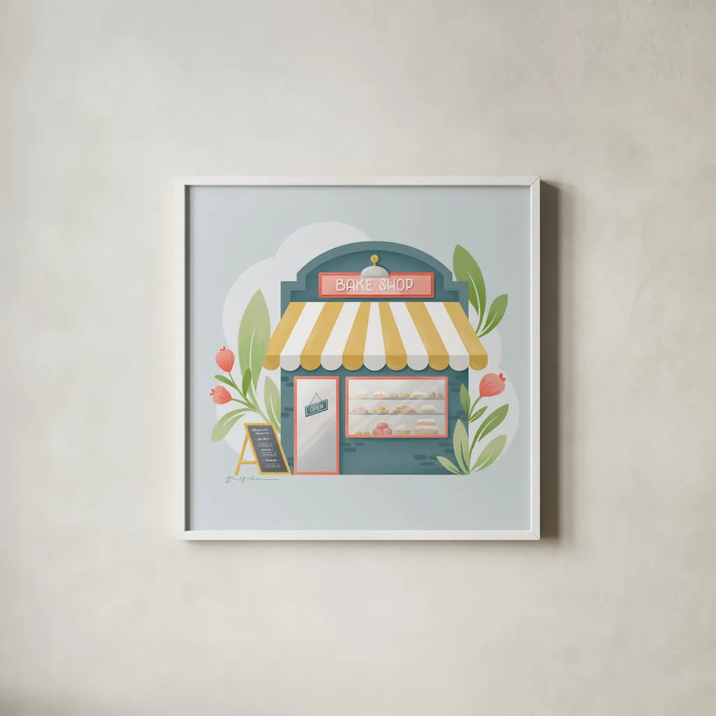 Bake Shop IV by Gia Graham. Shown in a crisp white glass frame for a clean and minimalist style. Available as an archival giclee rolled canvas, fine art paper, or poster print. SKU 96418a.