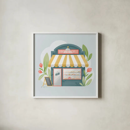 Bake Shop IV by Gia Graham. Shown in a crisp white glass frame for a clean and minimalist style. Available as an archival giclee rolled canvas, fine art paper, or poster print. SKU 96418a.