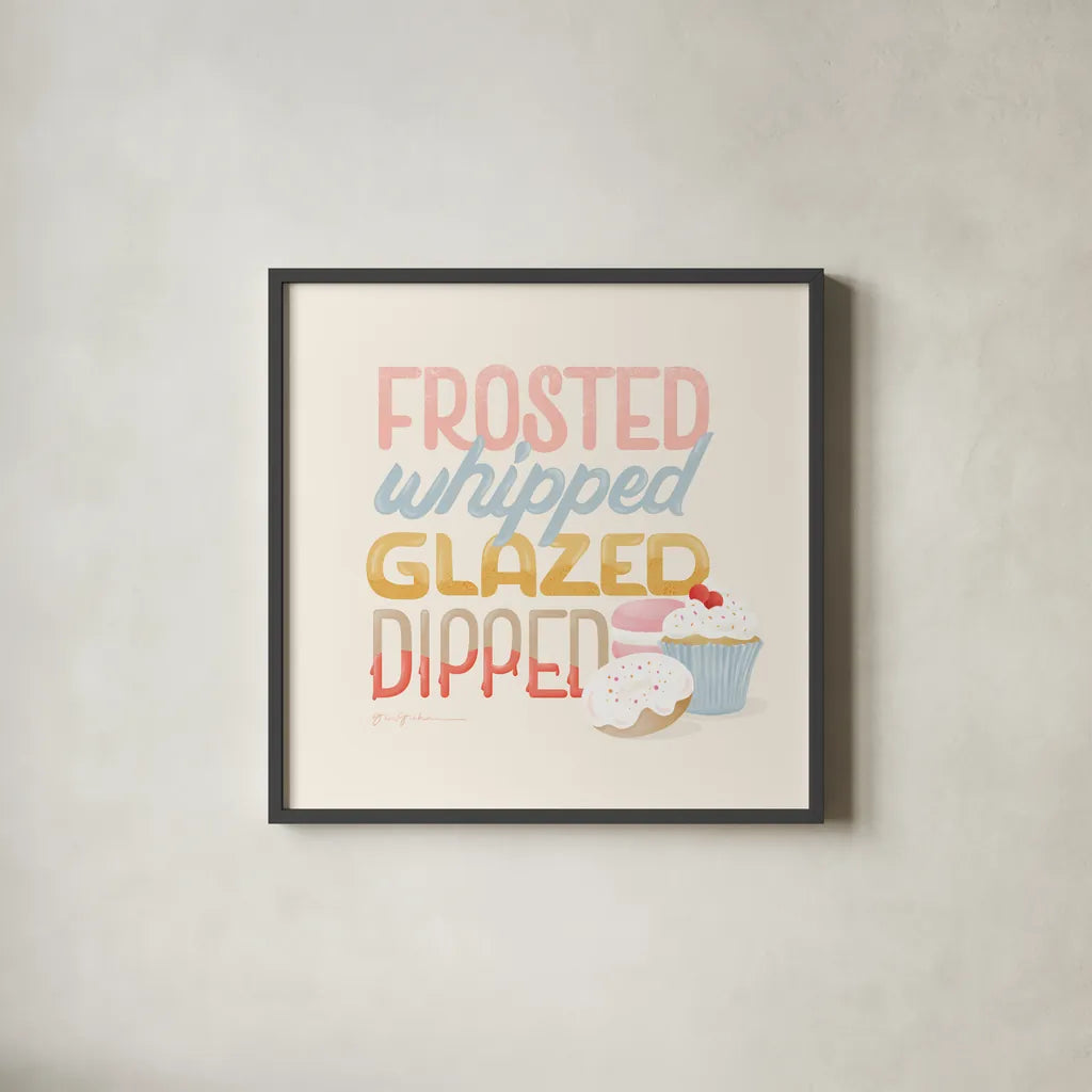 Bake Shop V by Gia Graham. Shown in a sleek black glass frame for a contemporary gallery look. Available as an archival giclee rolled canvas, fine art paper, or poster print. SKU 96419a.