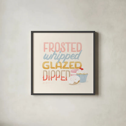 Bake Shop V by Gia Graham. Shown in a sleek black glass frame for a contemporary gallery look. Available as an archival giclee rolled canvas, fine art paper, or poster print. SKU 96419a.