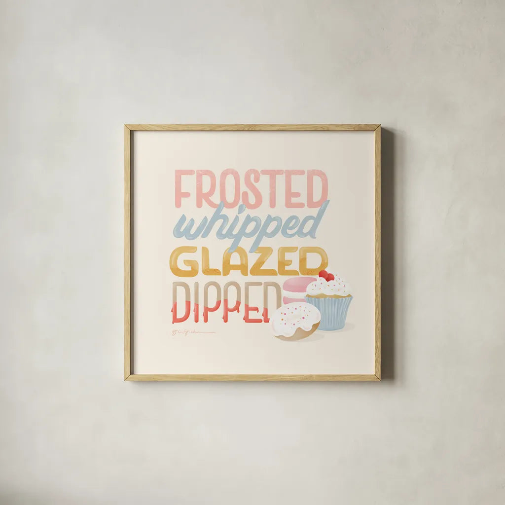 Bake Shop V by Gia Graham. Shown in a natural wood glass frame for a timeless modern aesthetic. Available as an archival giclee rolled canvas, fine art paper, or poster print. SKU 96419a.