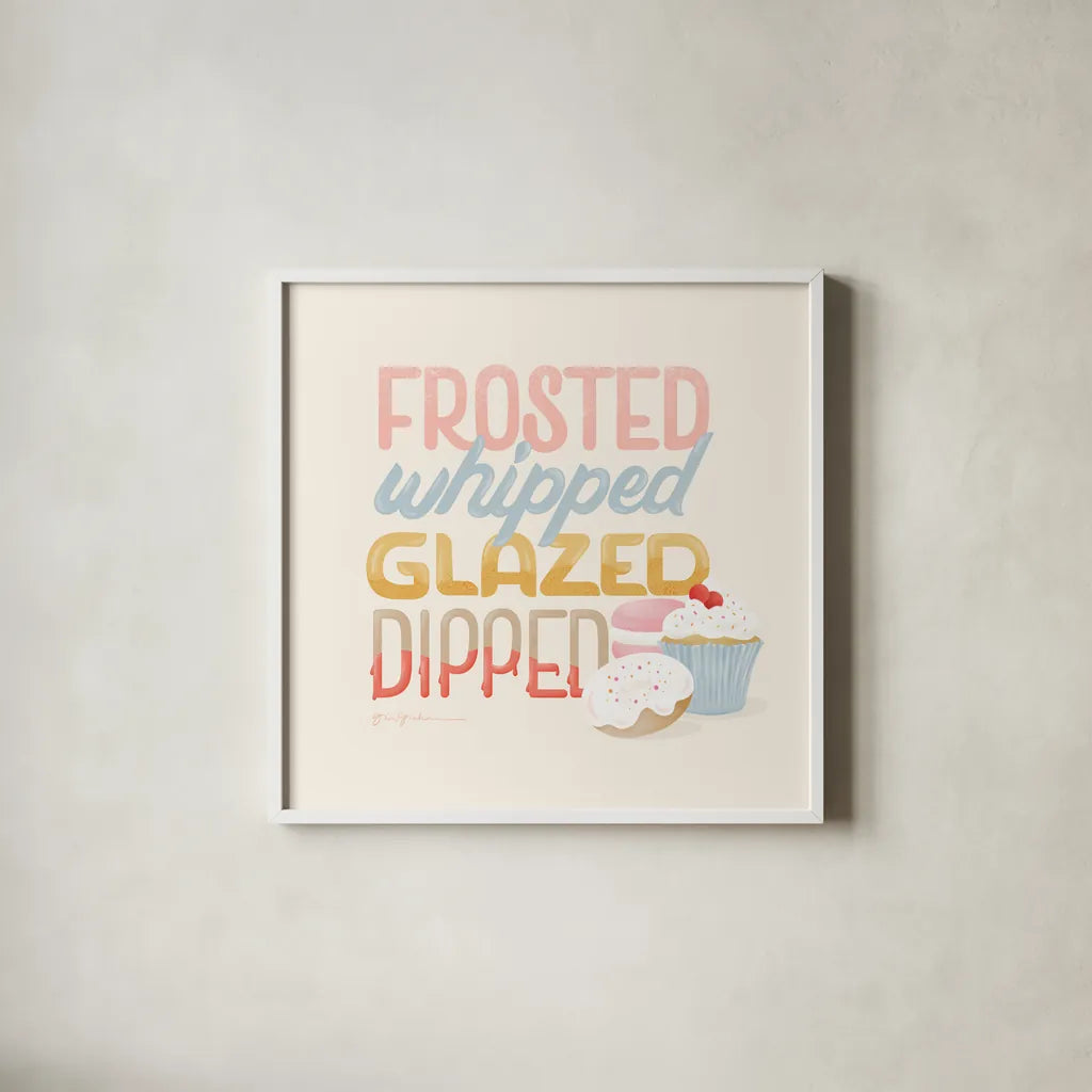 Bake Shop V by Gia Graham. Shown in a crisp white glass frame for a clean and minimalist style. Available as an archival giclee rolled canvas, fine art paper, or poster print. SKU 96419a.