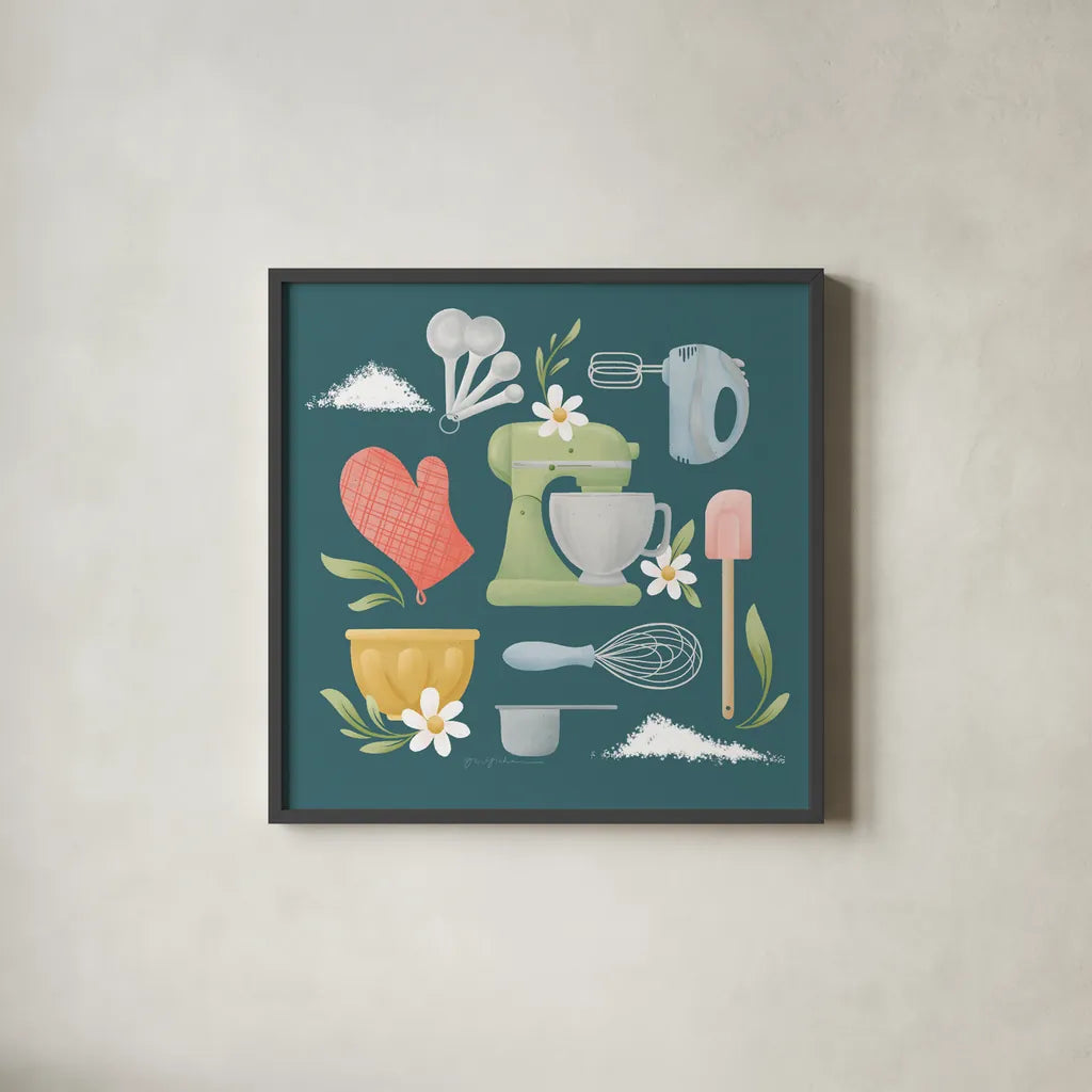 Bake Shop VI by Gia Graham. Shown in a sleek black glass frame for a contemporary gallery look. Available as an archival giclee rolled canvas, fine art paper, or poster print. SKU 96420a.