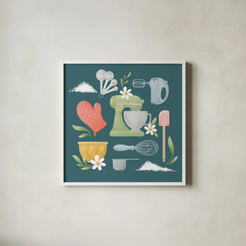 Bake Shop VI by Gia Graham. Shown in a crisp white glass frame for a clean and minimalist style. Available as an archival giclee rolled canvas, fine art paper, or poster print. SKU 96420a.