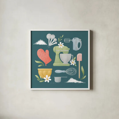 Bake Shop VI by Gia Graham. Shown in a crisp white glass frame for a clean and minimalist style. Available as an archival giclee rolled canvas, fine art paper, or poster print. SKU 96420a.