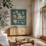 Bake Shop VI by Gia Graham. Shown in a natural wood frame in a cozy modern living room. Available as an archival giclee rolled canvas, fine art paper, or poster print. SKU 96420a.