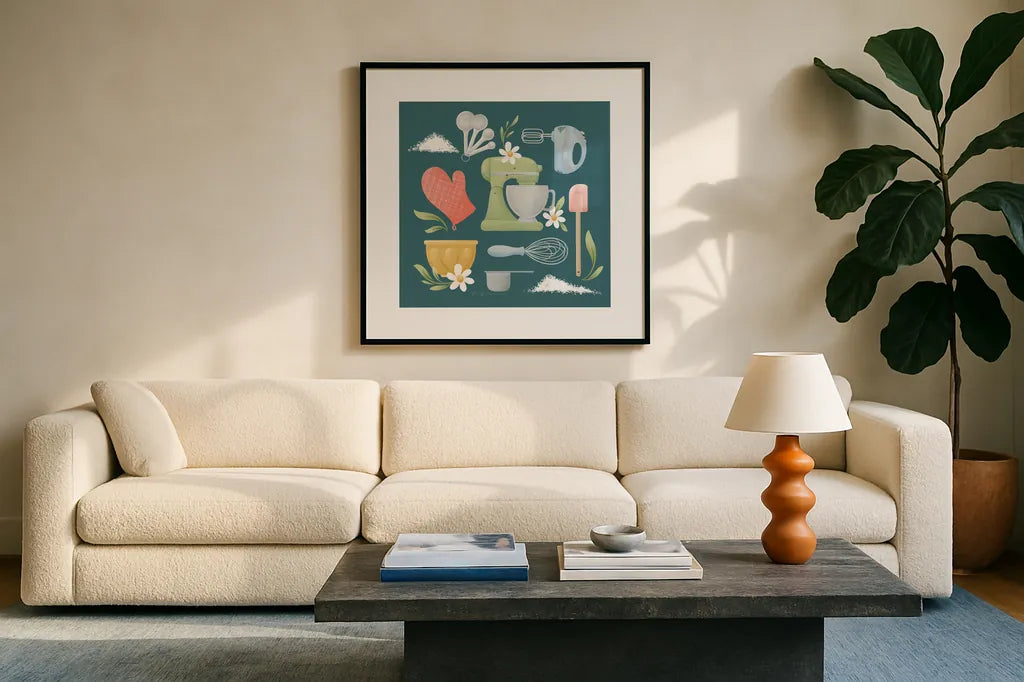 Bake Shop VI by Gia Graham. Displayed in a glass frame with matte in a clean modern living room. Available as an archival giclee rolled canvas, fine art paper, or poster print. SKU 96420a.