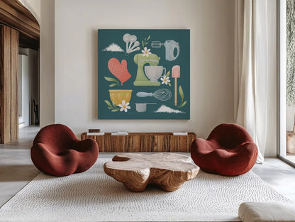 Bake Shop VI by Gia Graham. Shown as extra-large giant wall art in a modern living room. Available as an archival giclee rolled canvas, fine art paper, or poster print. SKU 96420a.