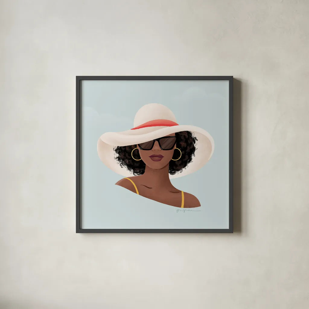 Beach Girl I by Gia Graham. Shown in a sleek black glass frame for a contemporary gallery look. Available as an archival giclee rolled canvas, fine art paper, or poster print. SKU 99718a.