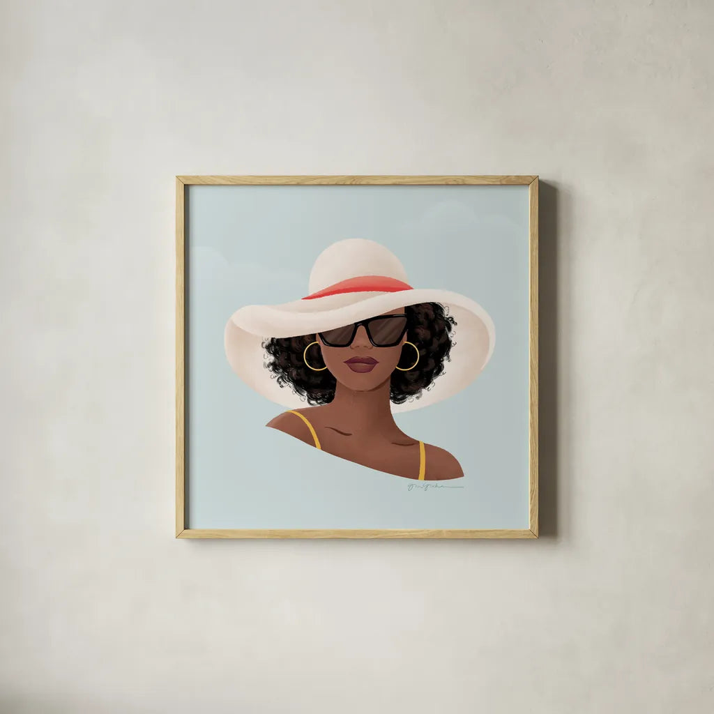 Beach Girl I by Gia Graham. Shown in a natural wood glass frame for a timeless modern aesthetic. Available as an archival giclee rolled canvas, fine art paper, or poster print. SKU 99718a.