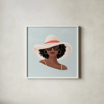 Beach Girl I by Gia Graham. Shown in a crisp white glass frame for a clean and minimalist style. Available as an archival giclee rolled canvas, fine art paper, or poster print. SKU 99718a.