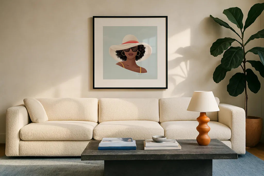 Beach Girl I by Gia Graham. Displayed in a glass frame with matte in a clean modern living room. Available as an archival giclee rolled canvas, fine art paper, or poster print. SKU 99718a.