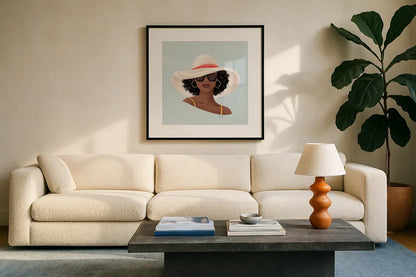 Beach Girl I by Gia Graham. Displayed in a glass frame with matte in a clean modern living room. Available as an archival giclee rolled canvas, fine art paper, or poster print. SKU 99718a.