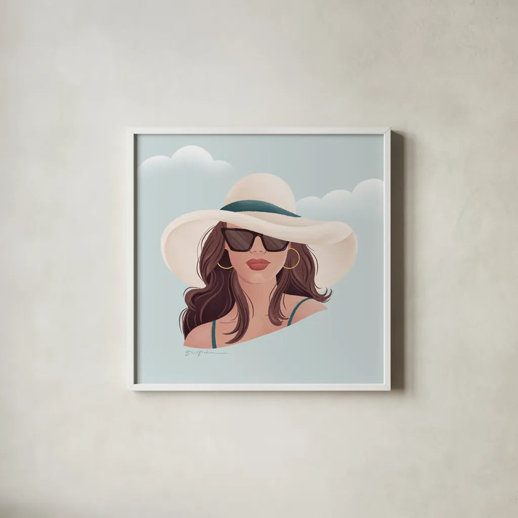 Beach Girl II by Gia Graham. Shown in a crisp white glass frame for a clean and minimalist style. Available as an archival giclee rolled canvas, fine art paper, or poster print. SKU 99719a.