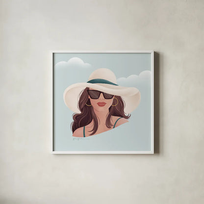 Beach Girl II by Gia Graham. Shown in a crisp white glass frame for a clean and minimalist style. Available as an archival giclee rolled canvas, fine art paper, or poster print. SKU 99719a.