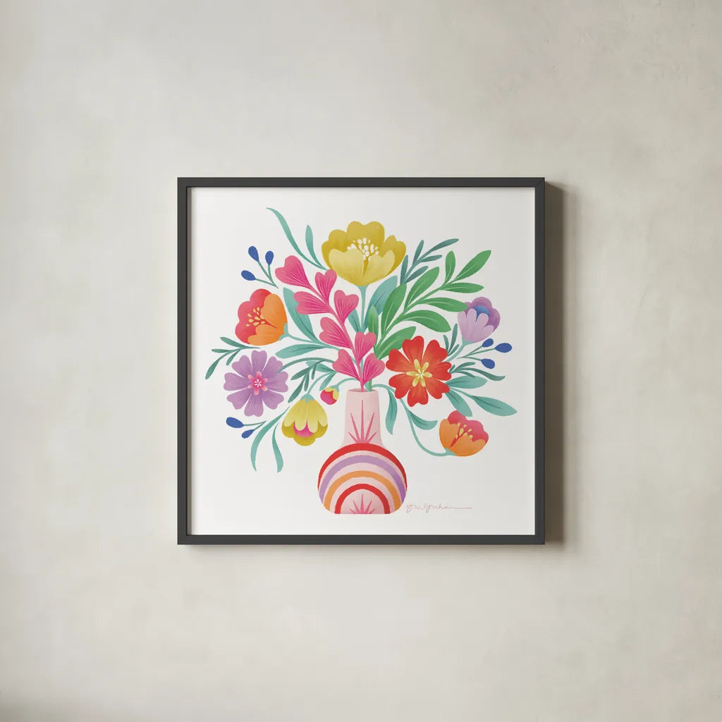 Bold Bouquet by Gia Graham. Shown in a sleek black glass frame for a contemporary gallery look. Available as an archival giclee rolled canvas, fine art paper, or poster print. SKU 87441a.