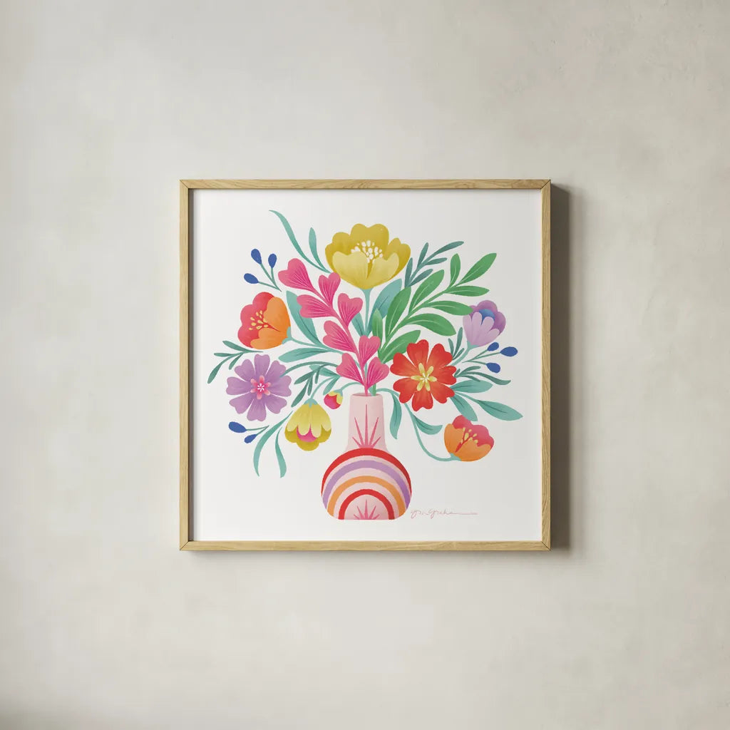 Bold Bouquet by Gia Graham. Shown in a natural wood glass frame for a timeless modern aesthetic. Available as an archival giclee rolled canvas, fine art paper, or poster print. SKU 87441a.