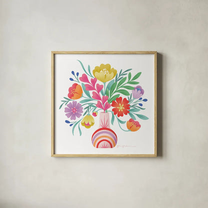 Bold Bouquet by Gia Graham. Shown in a natural wood glass frame for a timeless modern aesthetic. Available as an archival giclee rolled canvas, fine art paper, or poster print. SKU 87441a.