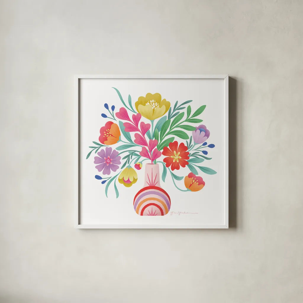 Bold Bouquet by Gia Graham. Shown in a crisp white glass frame for a clean and minimalist style. Available as an archival giclee rolled canvas, fine art paper, or poster print. SKU 87441a.