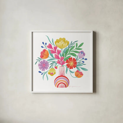 Bold Bouquet by Gia Graham. Shown in a crisp white glass frame for a clean and minimalist style. Available as an archival giclee rolled canvas, fine art paper, or poster print. SKU 87441a.