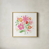 Bold Bright Bouquet I by Gia Graham. Shown in a natural wood glass frame for a timeless modern aesthetic. Available as an archival giclee rolled canvas, fine art paper, or poster print. SKU 79549a.