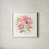 Bold Bright Bouquet I by Gia Graham. Shown in a crisp white glass frame for a clean and minimalist style. Available as an archival giclee rolled canvas, fine art paper, or poster print. SKU 79549a.