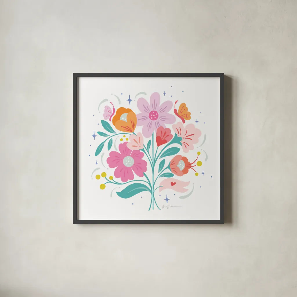 Bright Bouquet I by Gia Graham. Shown in a sleek black glass frame for a contemporary gallery look. Available as an archival giclee rolled canvas, fine art paper, or poster print. SKU 75086a.