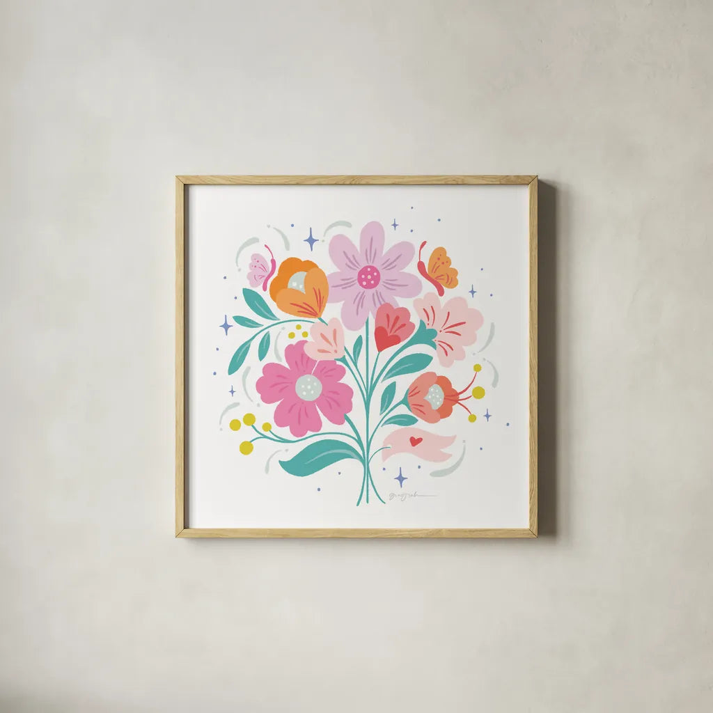 Bright Bouquet I by Gia Graham. Shown in a natural wood glass frame for a timeless modern aesthetic. Available as an archival giclee rolled canvas, fine art paper, or poster print. SKU 75086a.